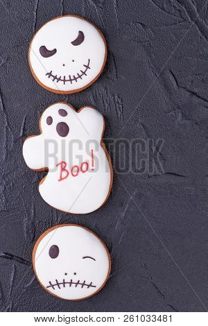 Border From White Halloween Gingerbread Cookies. Halloween Sugar Biscuits In A Shape Of Ghost And Ja
