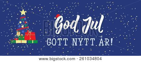 Christmas Banner. Swedish Text: Merry Christmas. Happy New Year. Lettering. Vector Illustration. Ele