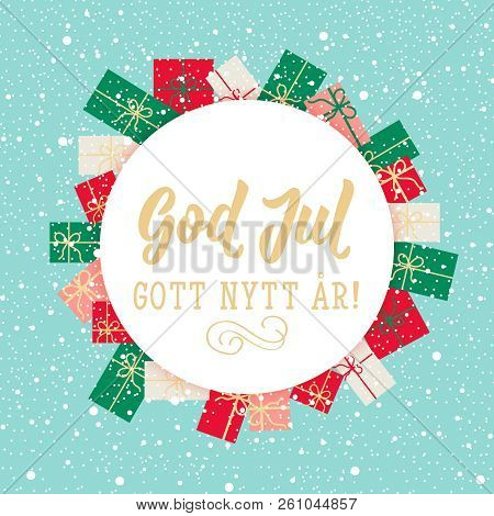 Christmas Card. Swedish Text: Merry Christmas. Happy New Year. Lettering. Vector Illustration. Eleme