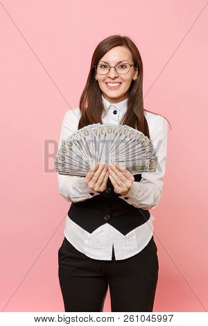 Young Successful Pretty Business Woman In Glasses Holding Bundle Lots Of Dollars, Cash Money Isolate