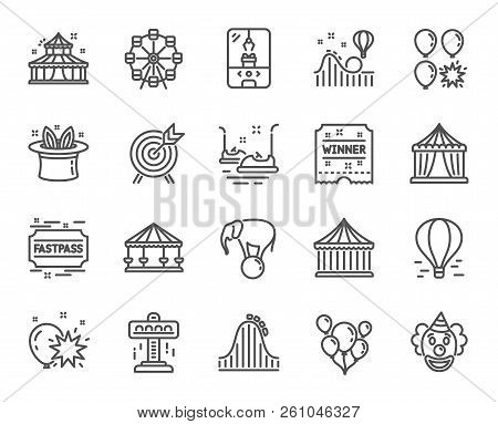 Amusement Park Line Icons. Set Of Carousels, Roller Coaster And Circus Linear Icons. Air Balloon, Cr