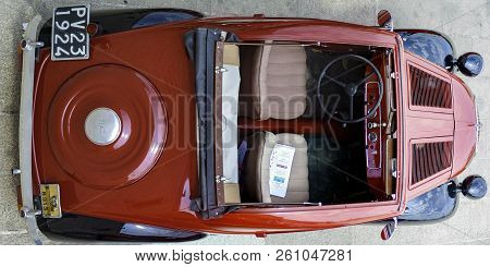 Bisceglie, Italy - June 2, 2017: Top View Of A Fiat 500 Topolino, Historic Car Of The Turin House. E