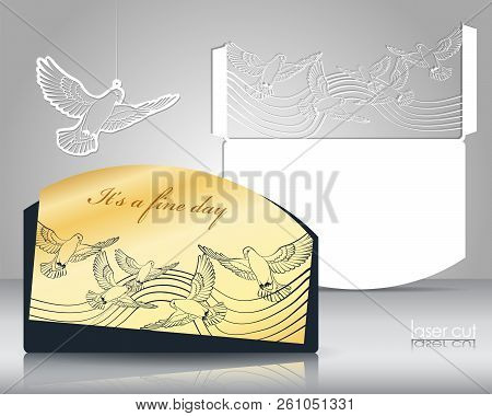 Laser Cut Pattern. Stylized Flock Of Birds In The Sky. Laser Cutting For Wedding Invitations, Covers