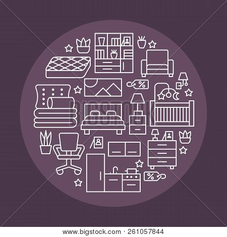 Furniture Sale Banner Illustration With Flat Line Icons. Interior Store Poster With Living Room, Bed
