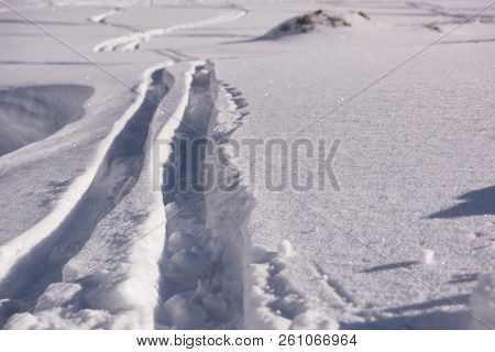 hiking touring ski tracks in snow climbing to mountain top at beautiful winter day with fresh snow