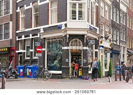 Amsterdam, Netherlands - June 25, 2017: View Of The Stach Food Cafe On The Nieuwe Spiegelstraat Stre