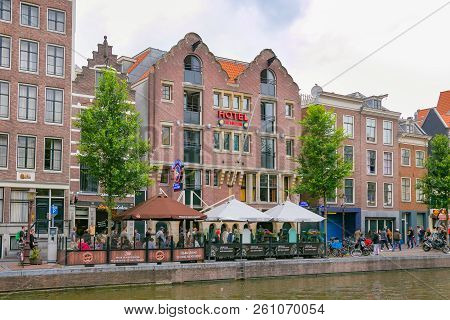 Amsterdam, Netherlands - June 25, 2017: View Of The Hotel Bulldog Building And Coffeeshop With Same 