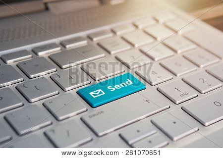Blue Submit Push Button On A White Keyboard, Color Button On The Gray Silver Keyboard Of Modern Ultr