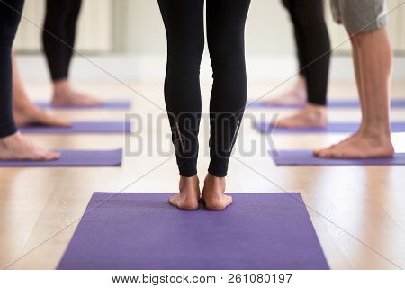 Group Of People Practicing Yoga, Doing Leg Strengthening Exercis