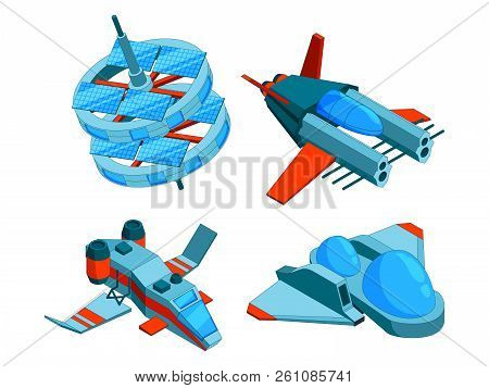 Spaceships Isometric. Building Technology Of Various Types Of Ships Cargo Warship Bomber And Aerial 