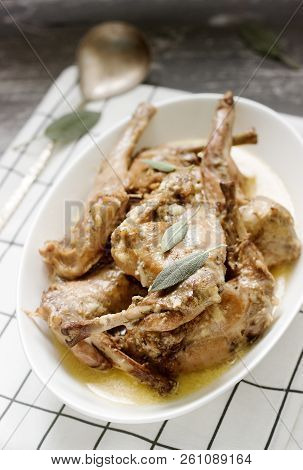 Rabbit Stew In A Sauce Of Wine And Cream With The Addition Of Mustard, Garlic, Thyme And Sage.