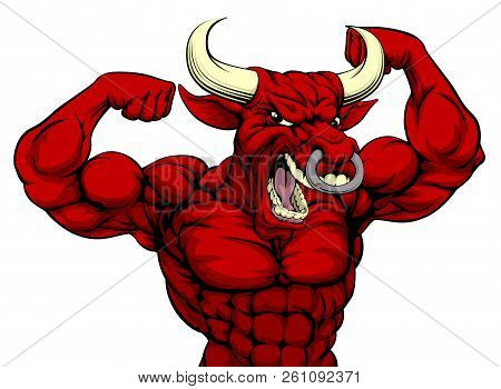 Cartoon Mean Strong Red Bull Sports Mascot