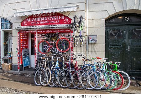Copenhagen, Denmark - February 25, 2017: Exterior Of A Bicycle Shop In Norrebro District