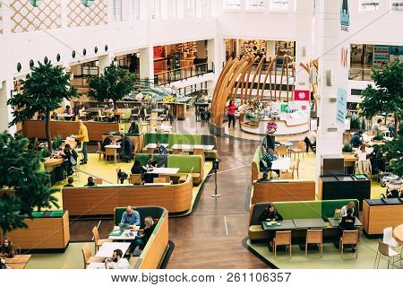 Warsaw, Poland - September 27, 2018: People Visiting Food-court In Arkadia Shopping Mall.