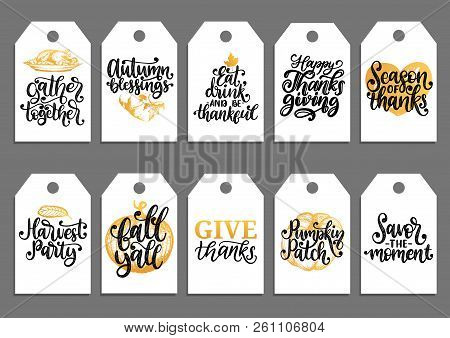 Vector Drawn And Handwritten Labels Of Autumn Blessings, Pumpkin Patch, Give Thanks, Fall Yall, Harv