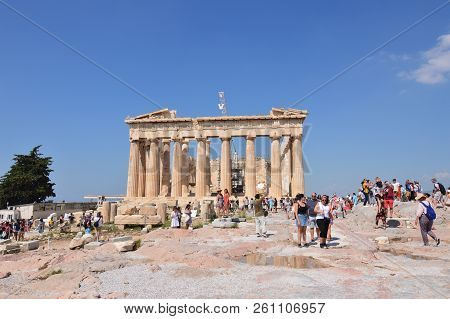 Partenon On The Acropolis Of Athens. History, Architecture, Travel, Cruises. July 9, 2018. Acropolis