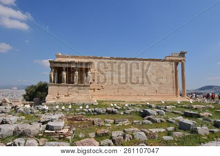 Side Facade Of The Erechtheion Known As The Caryatids At The Acropolis Of Athens. History, Architect