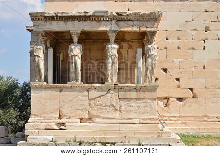 Set Of Beautiful Sphinxes On The Facade Of The Erechtheion Known As The Caryatids In The Acroplis Of