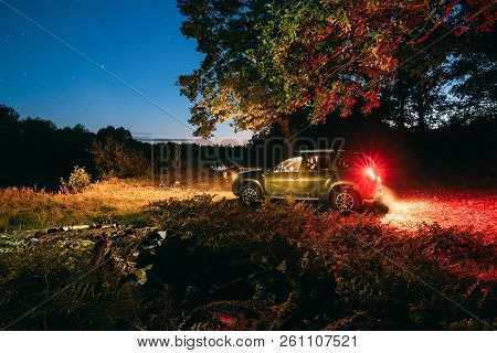Gomel, Belarus - September 29, 2018: Car Renault Duster Suv In Autumn Night Forest. Duster Produced 