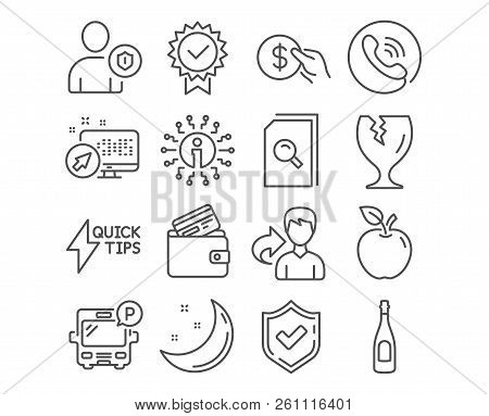 Set Of Search Files, Debit Card And Fragile Package Icons. Payment, Champagne And Security Signs. Qu