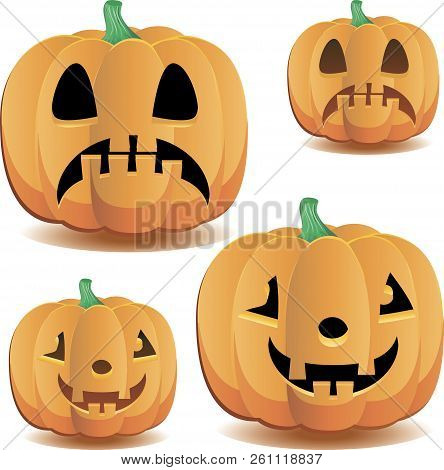 Halloween Pumpkins With Cute Faces Set 3 For Halloween Decoration, Vector Illustration