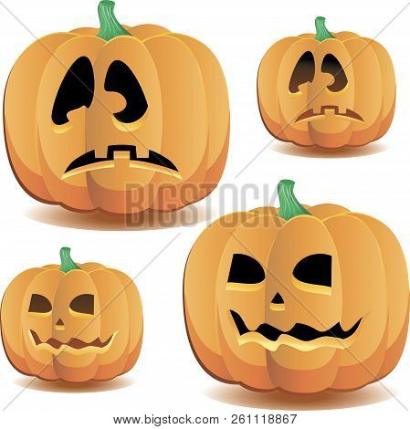 Halloween Pumpkins With Cute Faces Set 1 For Halloween Decoration, Vector Illustration