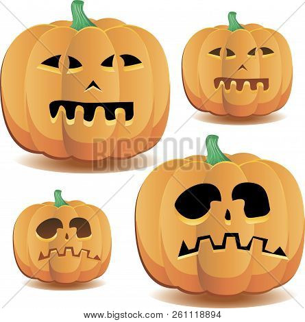 Halloween Pumpkins With Cute Faces Set 2 For Halloween Decoration, Vector Illustration