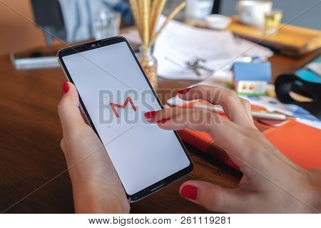 Chiangmai, Thailand - Sep 09, 2017 : Hand Holding Screen Short Of Gmail App Showing On Sony Mobile. 