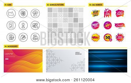 Seamless Pattern. Shopping Mall Banners. Set Of Presentation, Creativity And Keywords Icons. Rfp, Ed