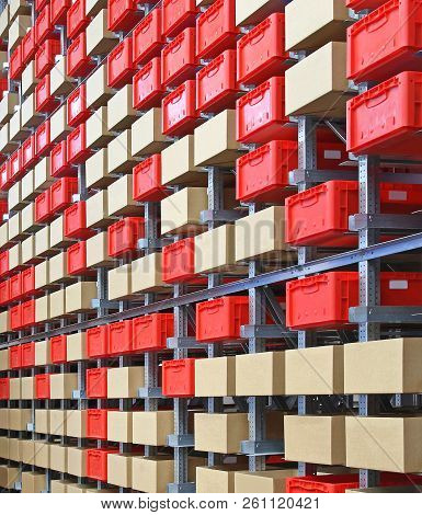 Boxes And Crates In Automated High Density Storage Warehouse
