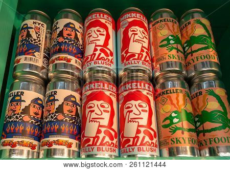 Copenhagen, Denmark - Sept 5: Popilar Danish Beer By Mikkeller Brewery With Bright Comic Design Of C