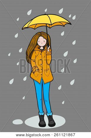Young Woman In A Yellow Slicker Is Enjoying Rainy Weather. Vector Illustration.
