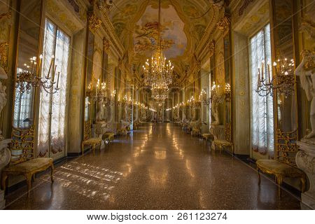 Genoa (genova), July, 2, 2017 - View Of The Mirror Gallery In Palazzo Reale,  The Royal Palace, In T