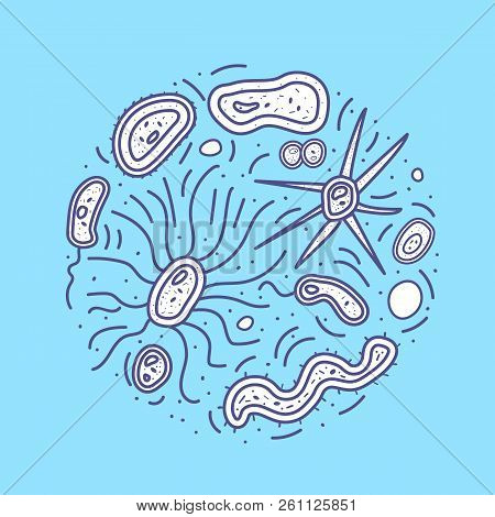 Bacteria Cells Round Banner. Microorganism Collection Isolated On Blue Background. Vector Doodle Sty