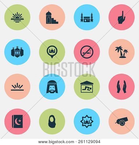 Religion Icons Set With God, Islam Book, Mosque And Other Hejaz Elements. Isolated  Illustration Rel
