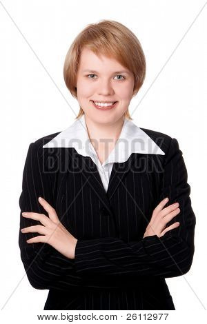 Happy Businesswoman smiling with Hand auf Büste Iolated over white background
