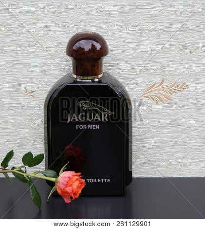 Jaguarfor Men, Eau De Toilette, Large Perfume Bottle In Front Of The Satin Wallcovering Elysee Decor