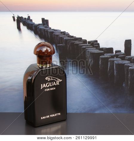 Jaguarfor Men, Eau De Toilette, Large Perfume Bottle In Front Of The Picture Of A Groyne In The Sea
