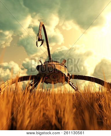 A Giant Mech In Grass Field,3d Illustration
