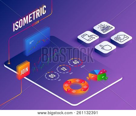 Isometric Vector. Set Of Hold Smartphone, Receive Mail And Typewriter Icons. Hand Click Sign. Phone 