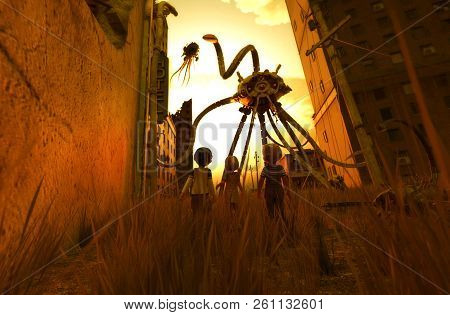 Children's Looking To A Giant Mech That Are Destroying The World,3D Illustration