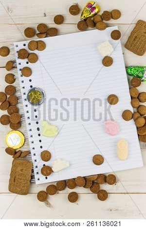 Notepad And Traditional Dutch Candy For Celebration Of Sinterklaas Holiday