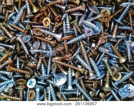 Ironmongery Silver Bronze Iron Stainless Steel Tapping Screw Background Texture Macro Photo
