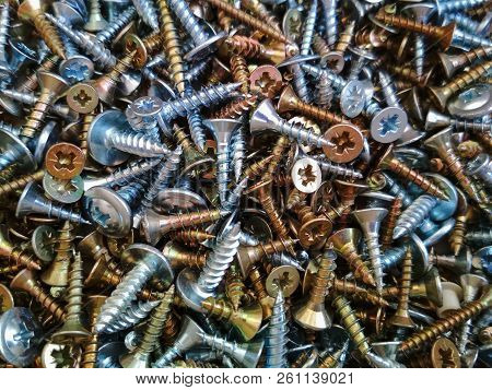 Ironmongery Silver Bronze Iron Stainless Steel Tapping Screw Background Texture Macro Photo