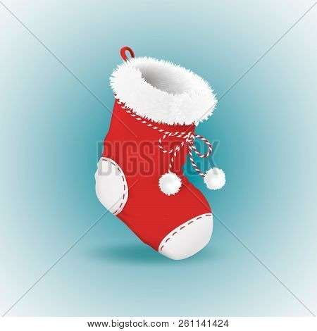 Empty Christmas Red Sock With Fluffy Fur And Pumpons Is Ready For Gifts. Vector Realistic Illistrati