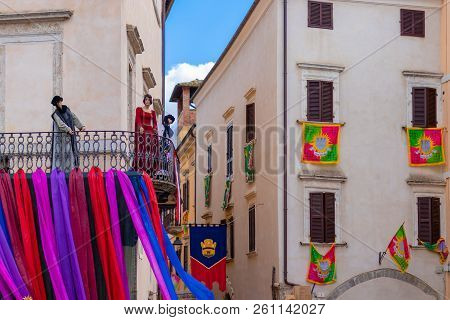 Town Orte In Umbria. Medieval Tradition Of The City Of Orte, Decorating The Streets With Flags Of Th