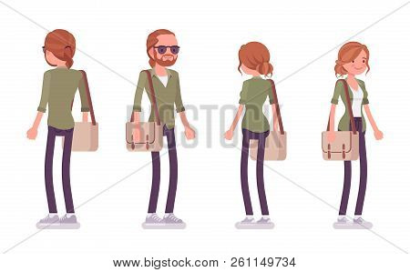 Young Red-haired Man And Woman Standing. Caucasian City Boy And Girl With Ginger Hair Wearing Urban 