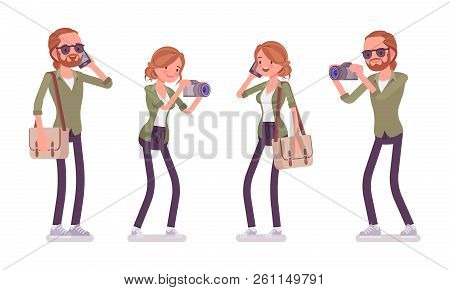 Young Red-haired Man And Woman With Gadgets. Caucasian City Boy, Girl With Ginger Hair, Wearing Urba