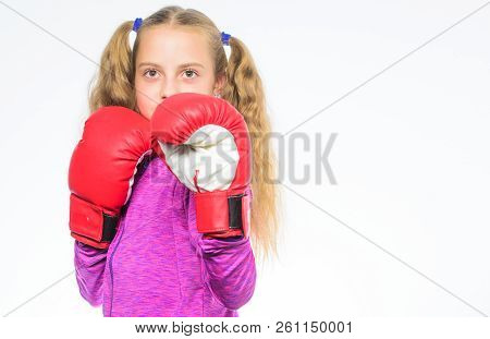 Feminist Movement. Self Defence Concept. Girl Boxer Knows How Defend Herself. Girl Child Strong With