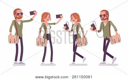 Young Red-haired Man And Woman With Smartphone. Caucasian Boy And Girl With Ginger Hair, Wearing Urb